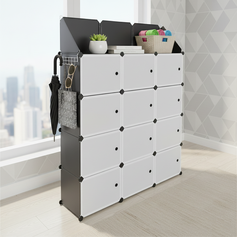 KRISHYAM® 12 Cube Modular Shoe Rack Cabinet with Doors & Side Hooks, Large Stackable Plastic Shoe Storage Organizer for Entryway, Bedroom & Closet, Space Saving (12 Door 24 Step (Black & White and simple White))