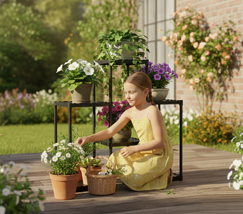 KRISHYAM® 6-Tier Plastic Flower Stand for Indoor & Outdoor | Multi-Layer Plant Display Rack for Pots | Rust-Free, Heavy-Duty Garden Organizer Shelf (BLACK & WHITE, 6 TIER)