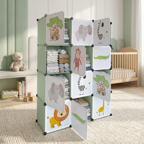 KRISHYAM® Kids Jungle Animal Print Collapsible Wardrobe with 2 Hanging Rod &1 External Hanger Hook | 8/12-Cube Modular Plastic Storage Cabinet | DIY Foldable Clothes Organizer (8/12 Box Lion Print)