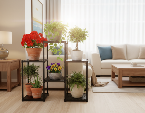 KRISHYAM® 6-Tier Plastic Flower Stand for Indoor & Outdoor | Multi-Layer Plant Display Rack for Pots | Rust-Free, Heavy-Duty Garden Organizer Shelf (BLACK & WHITE, 6 TIER)