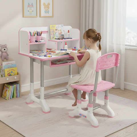 KRISHYAM® Kids Adjustable Study Table & Chair Set with Storage Drawer & Bookshelf | Height Adjustable Student Study Desk for Boys & Girls | Ergonomic Design (Pink & White (C23))