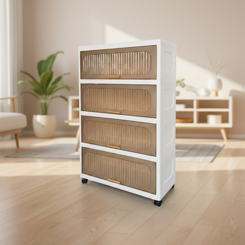 KRISHYAM® Modular Plastic Storage Cabinet with Translucent Doors & Wheels | Multi-Tier Clothes & Utility Organizer | Dustproof Freestanding Wardrobe (4 Layer - 4 Door (White))