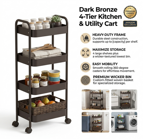 KRISHYAM® 4-Tier Metal Rolling Storage Trolley Cart with Wheels & Handle | Multipurpose Utility Organizer for Kitchen, Bathroom, Office & Salon | Heavy-Duty Steel (4-Layer Square)