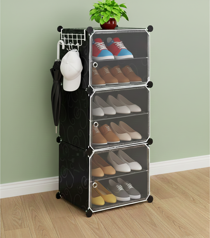 KRISHYAM® Plastic Shoe Rack for Home with Door | Modular Stackable Shoe Organizer | Waterproof & Dustproof Shoe Storage Rack for Bedroom, Entryway & Closet | 3 Door 6 Step (Black)