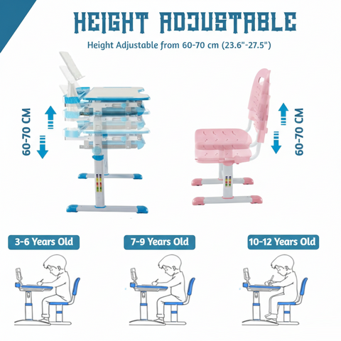 KRISHYAM® Kids Adjustable Study Table & Chair Set with Storage Drawer & Bookshelf | Height Adjustable Student Study Desk for Boys & Girls | Ergonomic Design (Pink & White (C23))