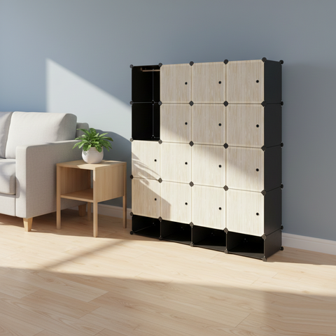 KRISHYAM® Modular 16-Cube Wardrobe Storage Cabinet with Doors, 2 Hanging Rod & 1 External Hanger Hook | DIY Plastic Closet Organizer with Metal Frame (16 Box Wardrobe + 4 Shoe Box (White))