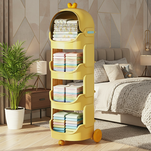 KRISHYAM® Space Astro Storage Organizer with Wheels | 4-Tier Kids Toy, Diaper & Baby Essentials Storage Cabinet | Space-Themed Plastic Organizer (4-Tier Kids Seace Astro (Yellow))