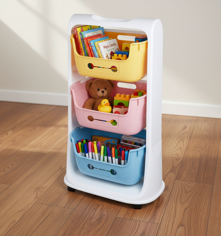 KRISHYAM® 3-Tier Kids Toy Storage Organizer Rack with Wheels | Dual-Tone Plastic Toy Shelf with Removable Bins for Toys, Books & Stationery (3-Tier Kids Basket (Glossy Finish)