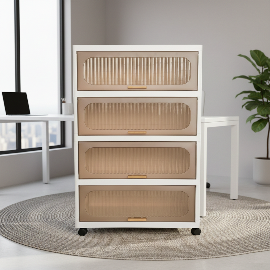 KRISHYAM® Modular Plastic Storage Cabinet with Translucent Doors & Wheels | Multi-Tier Clothes & Utility Organizer | Dustproof Freestanding Wardrobe (4 Layer - 4 Door (White))