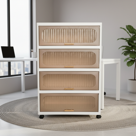 KRISHYAM® Modular Plastic Storage Cabinet with Translucent Doors & Wheels | Multi-Tier Clothes & Utility Organizer | Dustproof Freestanding Wardrobe (4 Layer - 4 Door (White))