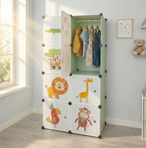 KRISHYAM® Kids Jungle Animal Print Collapsible Wardrobe with 2 Hanging Rod &1 External Hanger Hook | 8/12-Cube Modular Plastic Storage Cabinet | DIY Foldable Clothes Organizer (8/12 Box Lion Print)