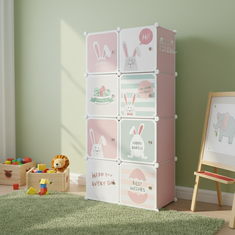 KRISHYAM® Kids Cartoon Collapsible Wardrobe with 2 Hanging Rod & 1 External Hanger Hook | 8/12-Cube Modular Storage Cabinet | Foldable Plastic Cupboard for Clothes, Toys & Books (8/12 Box Rabbit Print)