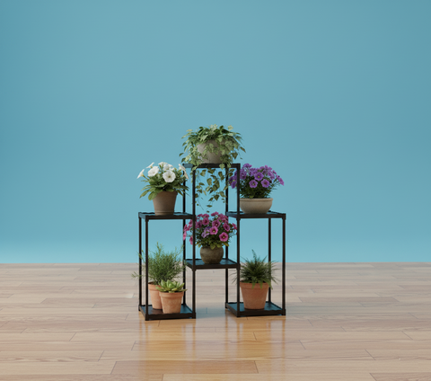 KRISHYAM® 6-Tier Plastic Flower Stand for Indoor & Outdoor | Multi-Layer Plant Display Rack for Pots | Rust-Free, Heavy-Duty Garden Organizer Shelf (BLACK & WHITE, 6 TIER)