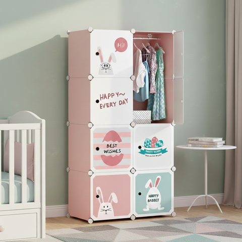 KRISHYAM® Kids Cartoon Collapsible Wardrobe with 2 Hanging Rod & 1 External Hanger Hook | 8/12-Cube Modular Storage Cabinet | Foldable Plastic Cupboard for Clothes, Toys & Books (8/12 Box Rabbit Print)