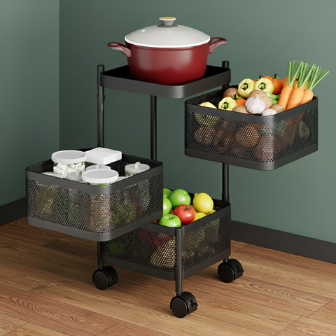 KRISHYAM® 4-Tier Metal Rolling Kitchen Storage Trolley with Mesh Baskets & Wheels | Multipurpose Vegetable, Fruit & Utility Organizer Cart | Heavy-Duty Steel | Black (4-Tier Square)