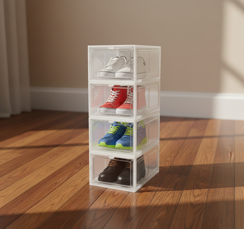 KRISHYAM® Clear Stackable Shoe Storage Boxes with Transparent Front Door & Aromatherapy Floral Fragrance | Front-Open Foldable Shoe Organizer (BLACK,White PACK OF 4)
