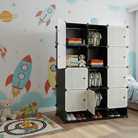 KRISHYAM® Modular 12-Cube Wardrobe Storage Cabinet with Doors, 1 Hanging Rod & 1 External Hanger Hook | DIY Plastic Closet Organizer with Metal Frame (12 Box Wardrobe + 3 Shoe Box (White))