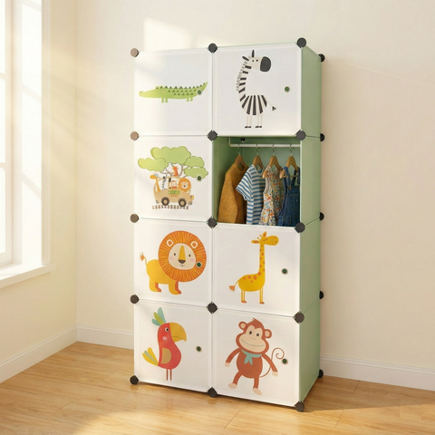 KRISHYAM® Kids Jungle Animal Print Collapsible Wardrobe with 2 Hanging Rod &1 External Hanger Hook | 8/12-Cube Modular Plastic Storage Cabinet | DIY Foldable Clothes Organizer (8/12 Box Lion Print)