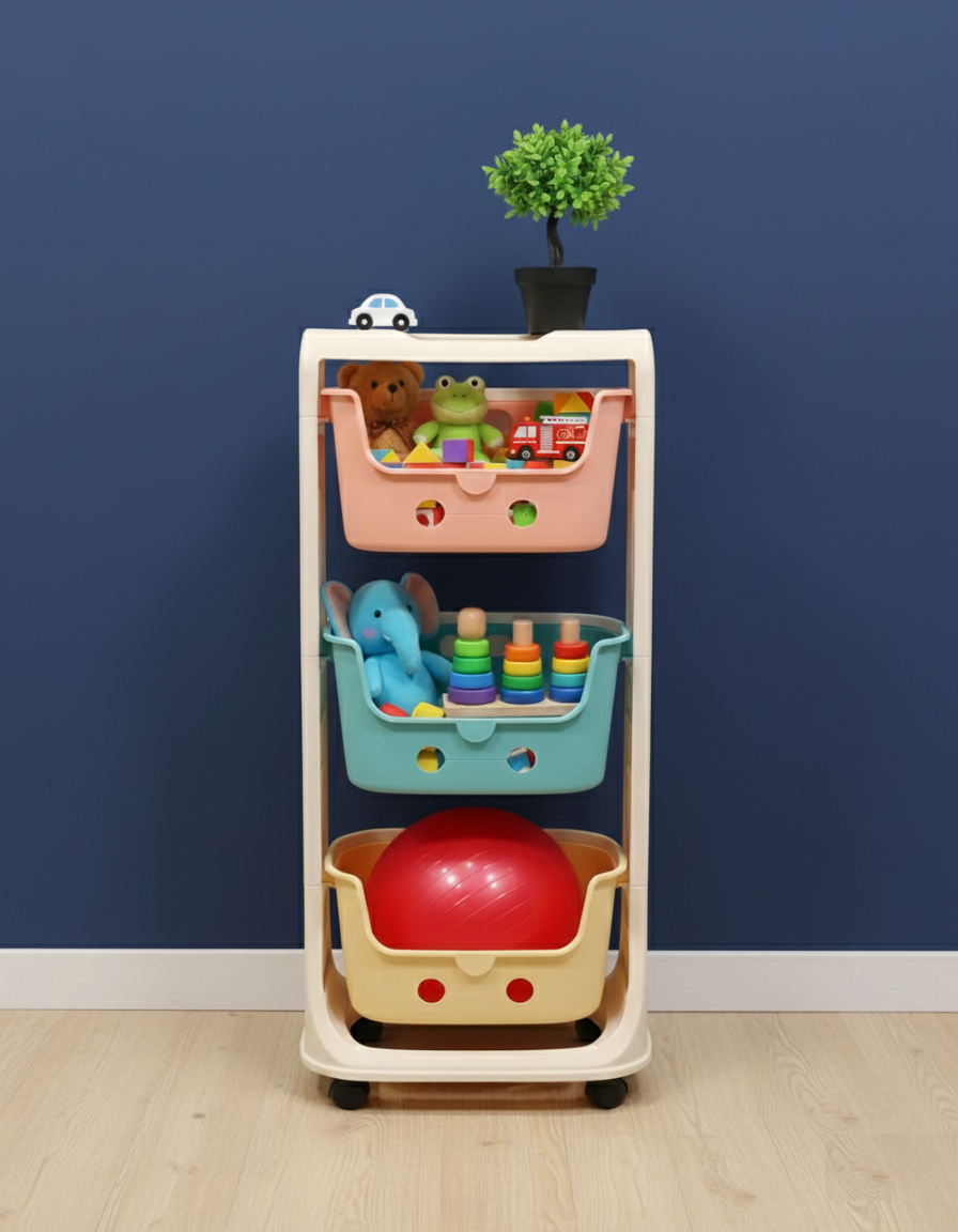 KRISHYAM® Multi-Layer Toy Storage Organizer Rack with Wheels | Kids Toy Shelf with Removable Bins for Toys, Books & Stationery (3-Tier Kids Basket (Matte Finish))