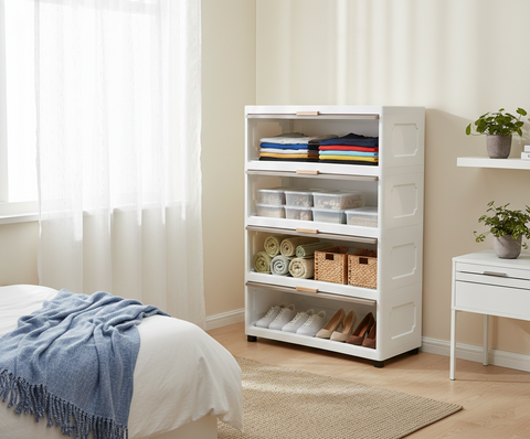 KRISHYAM® Modular Plastic Storage Cabinet with Translucent Doors & Wheels | Multi-Tier Clothes & Utility Organizer | Dustproof Freestanding Wardrobe (4 Layer - 4 Door (White))