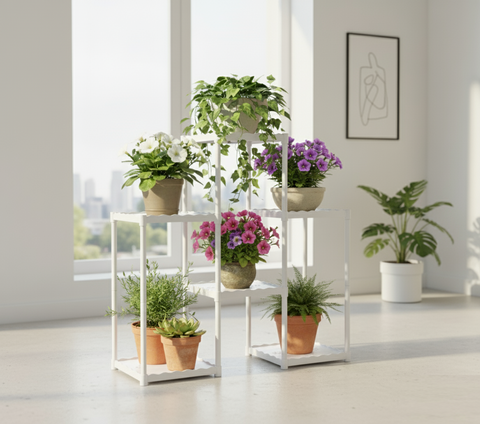 KRISHYAM® 6-Tier Plastic Flower Stand for Indoor & Outdoor | Multi-Layer Plant Display Rack for Pots | Rust-Free, Heavy-Duty Garden Organizer Shelf (BLACK & WHITE, 6 TIER)