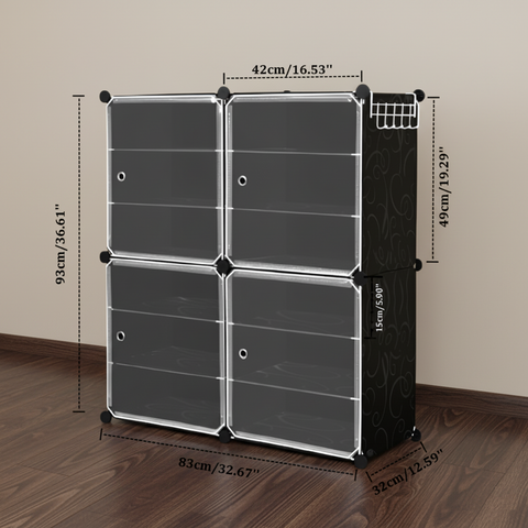 KRISHYAM® 12 Step Modular Shoe Rack Cabinet with Doors & Side Hooks, Stackable Plastic Shoe Organizer Storage Cabinet for Entryway, Bedroom & Closet, Dustproof (4 Door 12 Step (Black))