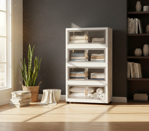 KRISHYAM® Modular Plastic Storage Cabinet with Translucent Doors & Wheels | Multi-Tier Clothes & Utility Organizer | Dustproof Freestanding Wardrobe (4 Layer - 4 Transparent Door (White)