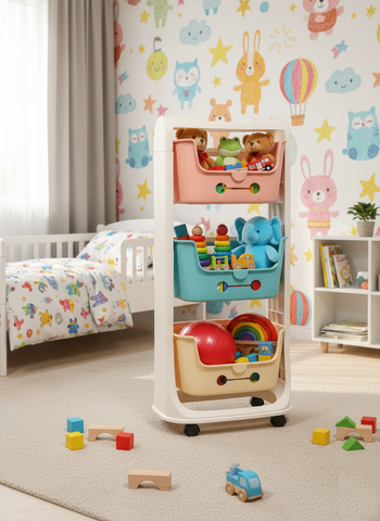KRISHYAM® Multi-Layer Toy Storage Organizer Rack with Wheels | Kids Toy Shelf with Removable Bins for Toys, Books & Stationery (3-Tier Kids Basket (Matte Finish))