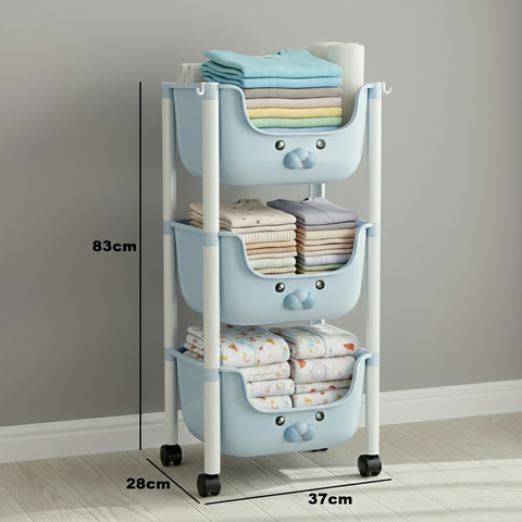 KRISHYAM® 3-Tier Multipurpose Storage Organizer with Wheels | Plastic Rolling Storage Rack for Kitchen, Bathroom, Kids Room & Utility | Space-Saving Storage Cart (3-Tier Kids Trolley (Blue)