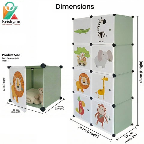 KRISHYAM® Kids Jungle Animal Print Collapsible Wardrobe with 2 Hanging Rod &1 External Hanger Hook | 8/12-Cube Modular Plastic Storage Cabinet | DIY Foldable Clothes Organizer (8/12 Box Lion Print)