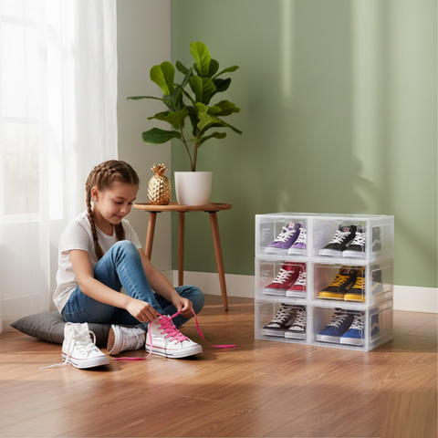 KRISHYAM® Clear Stackable Shoe Storage Boxes with Transparent Front Door & Aromatherapy Floral Fragrance | Front-Open Foldable Shoe Organizer (BLACK,White PACK OF 4)