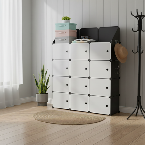 KRISHYAM® 12 Cube Modular Shoe Rack Cabinet with Doors & Side Hooks, Large Stackable Plastic Shoe Storage Organizer for Entryway, Bedroom & Closet, Space Saving (12 Door 24 Step (Black & White and simple White))