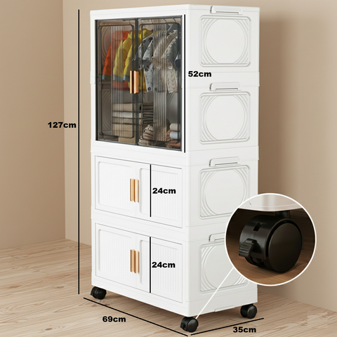 KRISHYAM® 2 Layer Plastic Wardrobe Cabinetwith Transparent Sliding Doors & Drawer Storage | Multi-Layer Clothes Organizer Cabinet with Wheels.