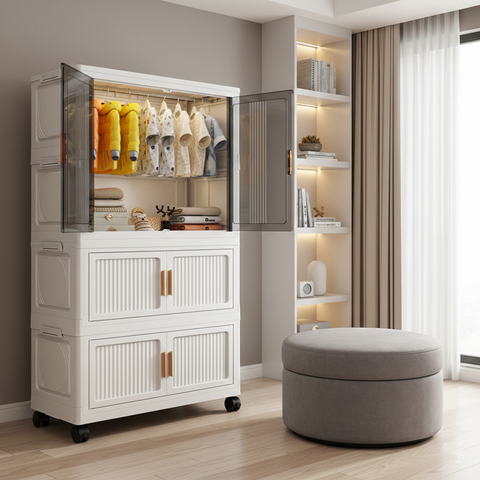 KRISHYAM® 2 Layer Plastic Wardrobe Cabinetwith Transparent Sliding Doors & Drawer Storage | Multi-Layer Clothes Organizer Cabinet with Wheels.