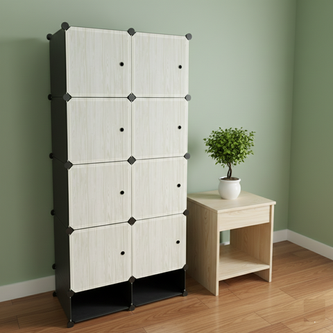 KRISHYAM® Modular 8-Cube Wardrobe Storage Cabinet with Doors, 1 Hanging Rod & 1 External Hanger Hook | DIY Plastic Closet Organizer with Metal Frame (8 Box Wardrobe + 2 Shoe Box (White))