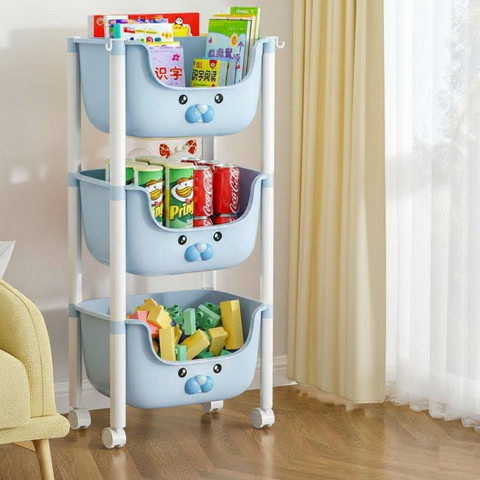 KRISHYAM® 3-Tier Multipurpose Storage Organizer with Wheels | Plastic Rolling Storage Rack for Kitchen, Bathroom, Kids Room & Utility | Space-Saving Storage Cart (3-Tier Kids Trolley (Blue)