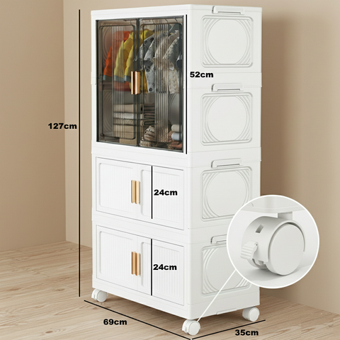 KRISHYAM® 2 Layer Plastic Wardrobe Cabinetwith Transparent Sliding Doors & Drawer Storage | Multi-Layer Clothes Organizer Cabinet with Wheels.