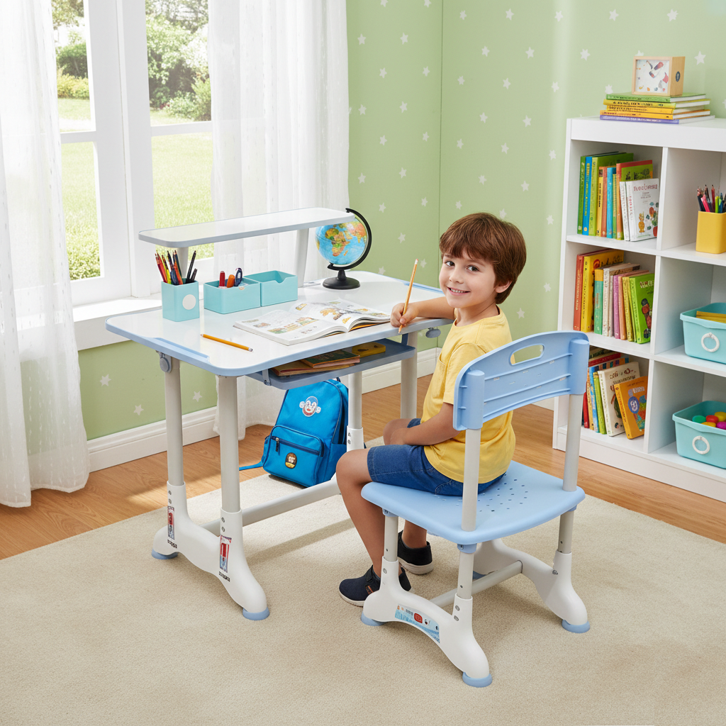 KriShyam ® Height Adjustable Kids Study Table & Chair Set with Book Stand Plastic Desk Chair (Finish Color - Blue & White (C25), DIY(Do-It-Yourself))