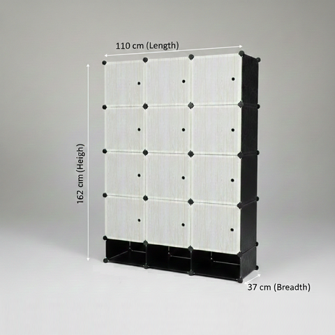 KRISHYAM® Modular 12-Cube Wardrobe Storage Cabinet with Doors, 1 Hanging Rod & 1 External Hanger Hook | DIY Plastic Closet Organizer with Metal Frame (12 Box Wardrobe + 3 Shoe Box (White))