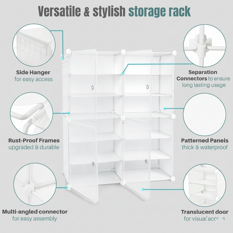 KRISHYAM® 12 Step Modular Shoe Rack Cabinet with Doors & Side Hooks, Stackable Plastic Shoe Organizer Storage Cabinet for Entryway, Bedroom & Closet, Dustproof (4 Door 12 Step (Black))