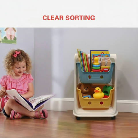 KRISHYAM® 2-Tier Kids Toy Storage Organizer Rack with Wheels | Dual-Tone Plastic Toy Shelf with Removable Bins for Toys, Books & Stationery (2-Tier Kids Basket (Glossy Finish)