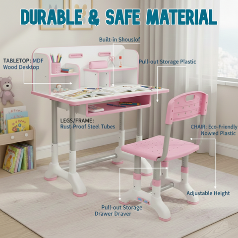 KRISHYAM® Kids Adjustable Study Table & Chair Set with Storage Drawer & Bookshelf | Height Adjustable Student Study Desk for Boys & Girls | Ergonomic Design (Pink & White (C23))