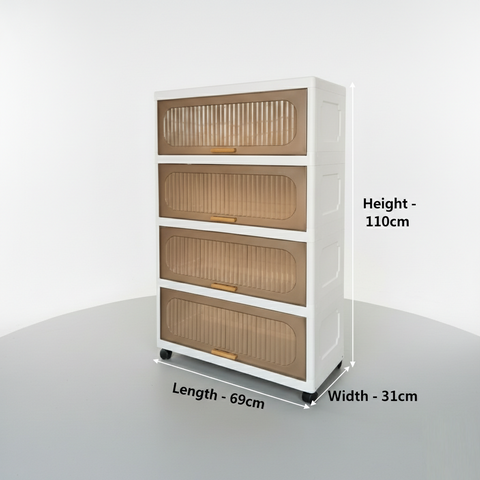 KRISHYAM® Modular Plastic Storage Cabinet with Translucent Doors & Wheels | Multi-Tier Clothes & Utility Organizer | Dustproof Freestanding Wardrobe (4 Layer - 4 Door (White))