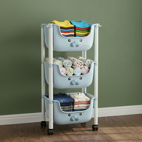 KRISHYAM® 3-Tier Multipurpose Storage Organizer with Wheels | Plastic Rolling Storage Rack for Kitchen, Bathroom, Kids Room & Utility | Space-Saving Storage Cart (3-Tier Kids Trolley (Blue)