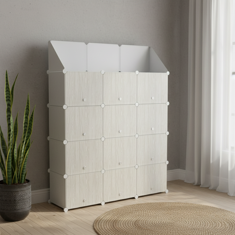 KRISHYAM® 12 Cube Modular Shoe Rack Cabinet with Doors & Side Hooks, Large Stackable Plastic Shoe Storage Organizer for Entryway, Bedroom & Closet, Space Saving (12 Door 24 Step (Black & White and simple White))