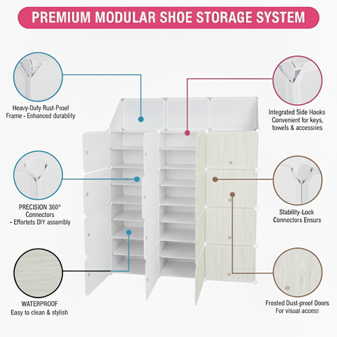 KRISHYAM® 12 Cube Modular Shoe Rack Cabinet with Doors & Side Hooks, Large Stackable Plastic Shoe Storage Organizer for Entryway, Bedroom & Closet, Space Saving (12 Door 24 Step (Black & White and simple White))