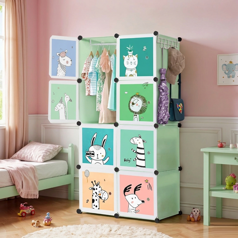 KRISHYAM® Kids Animal Print Collapsible Wardrobe |8/12-Cube Modular Storage Cabinet with 2 Hanging Rod & 1 External Hanger Hook | DIY Cupboard for Kids (8/12 Box Giraffe Print)