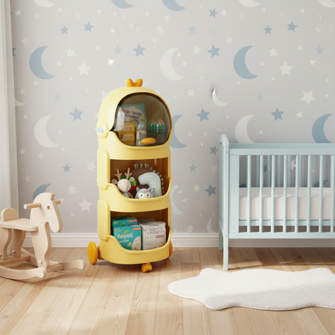 KRISHYAM® Space Astro Storage Organizer with Wheels | 3-Tier Kids Toy, Diaper & Baby Essentials Storage Cabinet | Space-Themed Plastic Organizer (3-Tier Kids Seace Astro (Yellow)