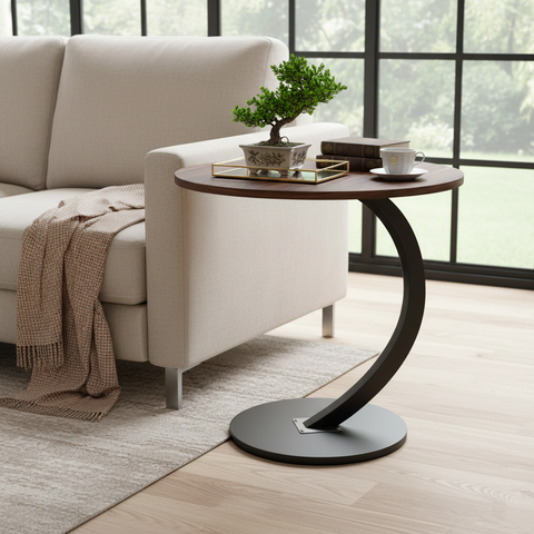 KRISHYAM® Modern C-Shaped Side Table with Wooden Round Top & Metal Base | Sofa End Table for Living Room, Bedroom & Office | Walnut Finish Top with Black Metal Stand