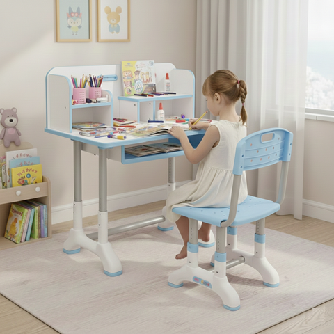 KRISHYAM® Kids Adjustable Study Table & Chair Set with Storage Drawer & Bookshelf | Height Adjustable Student Study Desk for Boys & Girls | Ergonomic Design (Blue & White (C23))